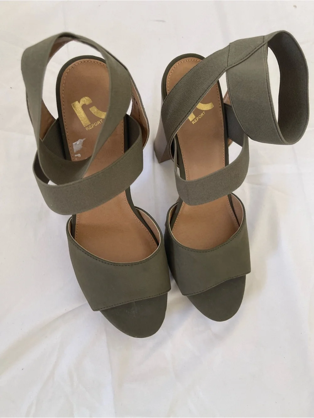 Report Olive Green Elastic Wrap Block Heel -Sz-9 - Sandals
